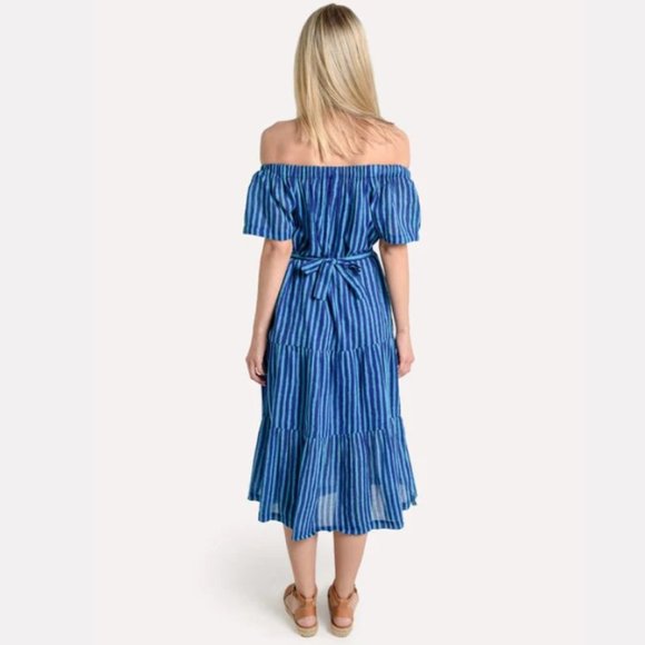 Oliphant Blue Striped Off The Shoulder Beach Boho Midi Dress - Picture 3 of 13